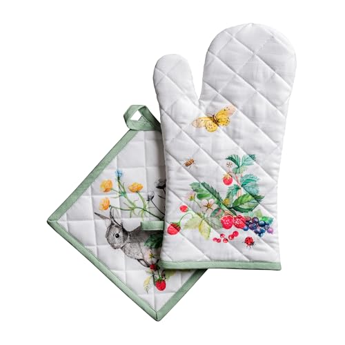 100% Cotton Oven Mitt & Pot Holder Set (035 - Printemps / 7.5" x 13" & 8" x 8" (Oven Mitt & Pot Holder))