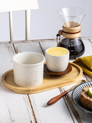 Butter Crock Ceramic Butter Dish with Lid for Countertop (White / Leaf-3.94"dia)
