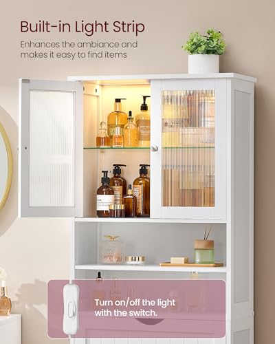 Storage Cabinet with LED Lights (4 Doors + 2 Open Compartments+LED Lights / 11.8"D x 23.6"W x 69.9"H)