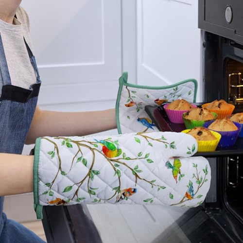 Bird Branch Oven Mitts and Pot Holders Sets 4Pcs (Bird Branch / Oven Mitt x2 & Pot Holder x2)