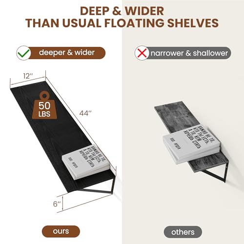 44W x 12D Deep Floating Shelves Set of 2 Black (Black With Black Metal Bracket / 44Wx12Dx5.8H)