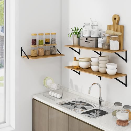 24W x 12D Deep Floating Shelves Set of 2 Oak (Oak With Black Metal Bracket / 24Wx12Dx5.8H)