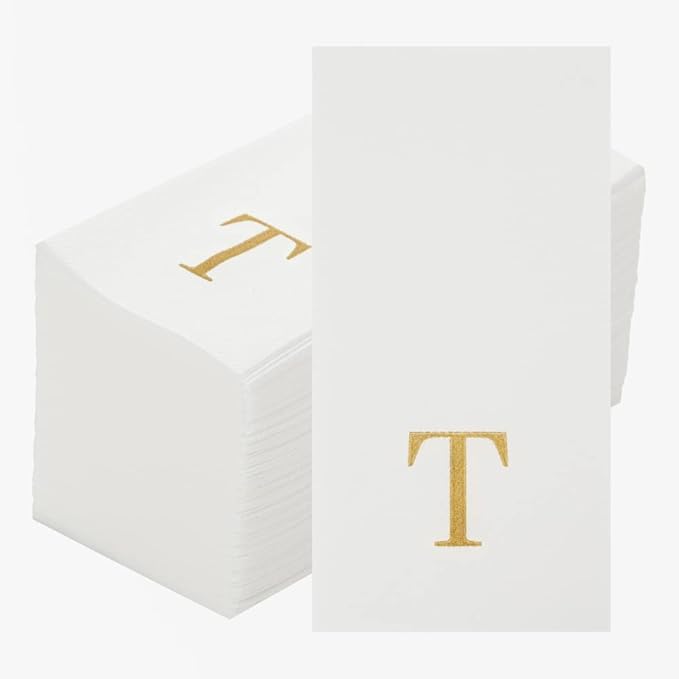 Luxenap 15.8 X 7.9 Inch Linen-Feel Guest Towels, 50 Lettered Hand Towels - Gold Letter 'T', Sans Serif Font, White Paper Dinner Napkins, airlaid, For Restrooms And Tables
