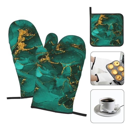 Turquoise Marble Oven Mitts and Pot Holders Sets of 3 Kitchen Decor (Green Marble)