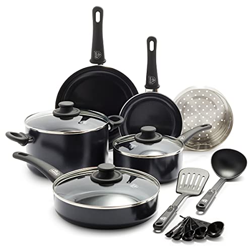 Soft Grip Healthy Ceramic Nonstick 12 Piece Kitchen Cookware Pots and Frying Sauce Saute Pans Set (12 Piece Cookware Set / Black)