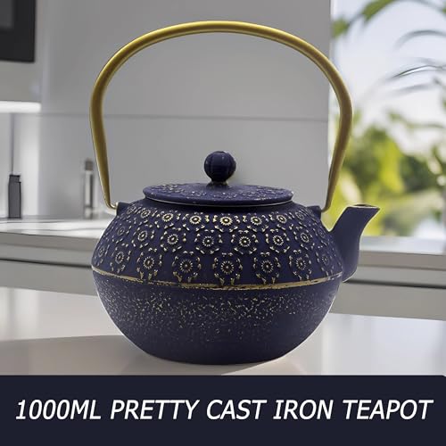 33.8oz Small Cast Iron Tea Kettle for Stovetop (Blue Cherry Blossom Pattern, 1000ml/34oz)