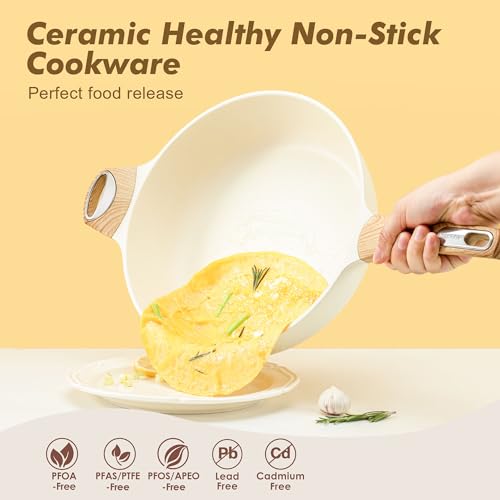 Ceramic Nonstick Frying Pan Skillet with Lid (6QT / 13.3IN / Ceramic White)