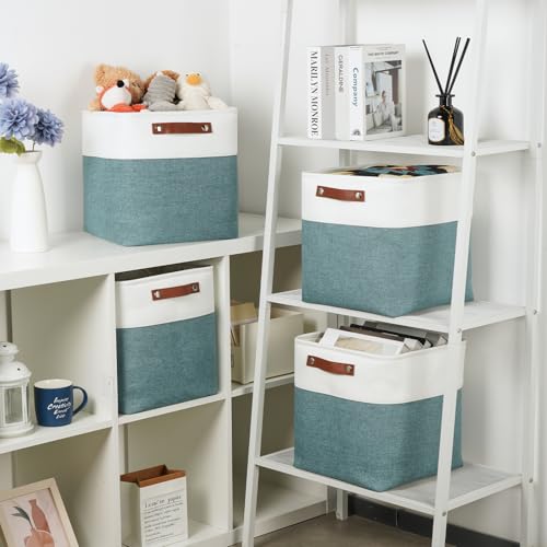 Set Of 4 Cube Storage Bins (White&Dark Green / M-12"x 12"x12")
