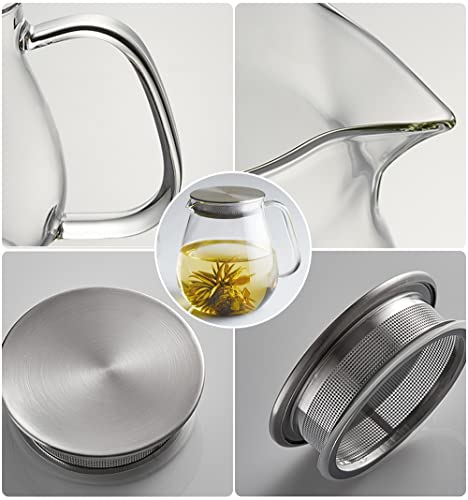 Glass Teapot with Removable Stainless Steel Filter Lid Stovetop & Microwave Safe Borosilicate Glass Kettle for Loose Leaf (24OZ)
