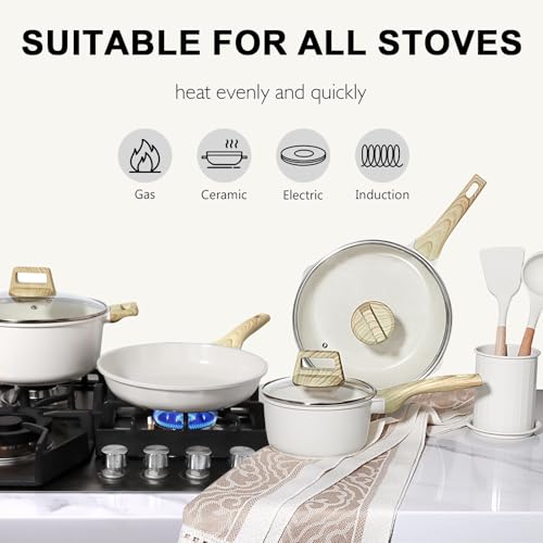 Ceramic Pots and Pans Set Non Stick (Cream White / 17 Pieces)