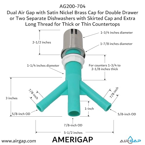 Dual Air Gap with Satin Nickel Brass Cap for Double Drawer or Two Separate Dishwashers with Skirted Cap and Extra Long Thread for Thick or Thin Countertops (AG200-704)