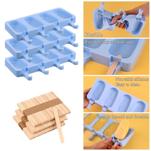 3 Pack Large Silicone Popsicle Molds with 150 Pcs Wooden Sticks (3 Pcs Large - Blue)