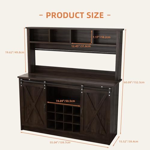 55” Farmhouse Coffee Bar with 4 Tier Storage Hutch (55.1Inch / Dark Oak)