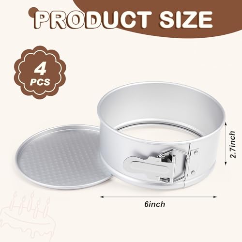 4 Pcs 6 Inch Non Stick Springform Pan with Removable Bottom Carbon Steel Round Springform Cheesecake Pan with Stainless Steel Spring Buckles for Baking Kitchens Restaurant (Silver / 6 Inch)
