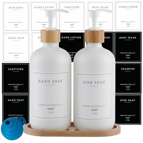 White Glass Soap Dispenser (White Bottle + 14 Labels + Funnel + Tray)