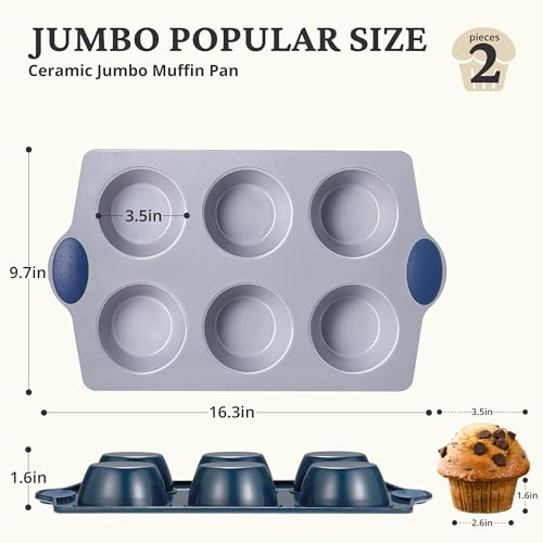 2-Pack 6-Cup Non Toxic Nonstick Ceramic Jumbo Muffin Pan & Cupcake Tin, PFOA & PFOA Free, Rust-Resistant Aluminized Steel, Oven Safe, Blue (Blue / 6 Cup Jumbo Muffin Pan (2 pack))
