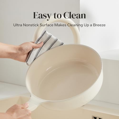 Ceramic Frying Pan with Glass Lid (Beige / 12inch Saute Pan With Lid)