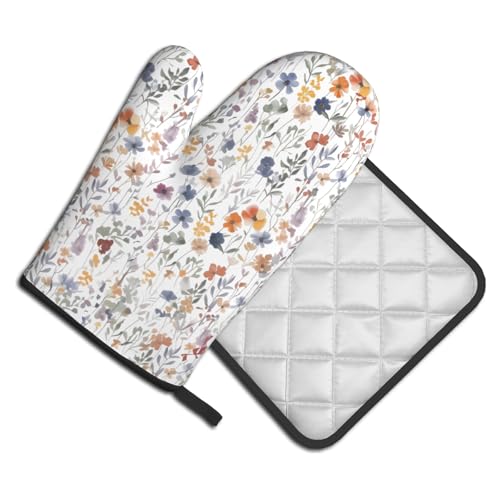 Watercolor Floral Oven Mitts and Pot Holder Kitchen Accessories Sets Botanical Leaf Heat Resistant Cooking Grilling Baking Gloves Hot Pads (Watercolor Floral)