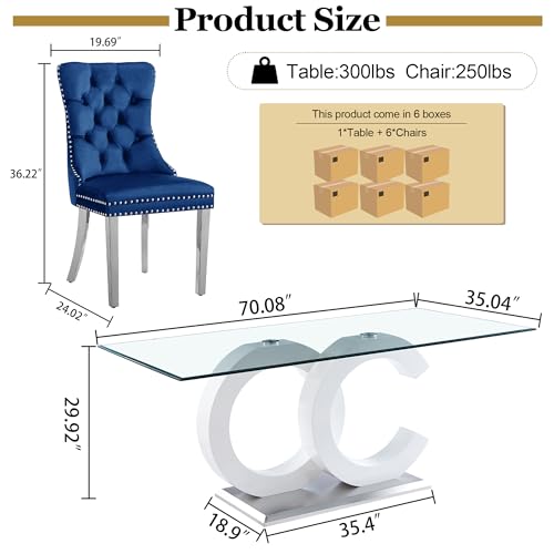 7 Piece Glass Dining Table Set for 6 (White Table & Silver Blue Chair / 7-Piece Set-OC-Shaped Table)