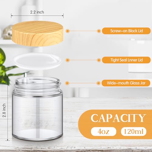 64 Pcs 4 oz Glass Jars with Lids Empty Small Glass Containers and Inner Liners Reusable Cosmetic Jars Round Airtight Bottles with Plastic Wood Grain Lids for Travel (64 Count)