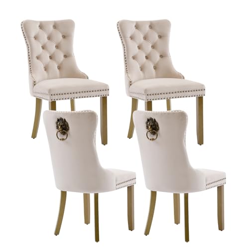 Beige Velvet Dining Chairs Set of 4 (Neutral Beige)