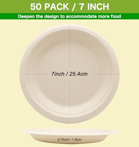 100% Compostable Disposable Paper Plates Heavy Duty Waterproof Plates (7 INCH / 50 PCS PLATES)