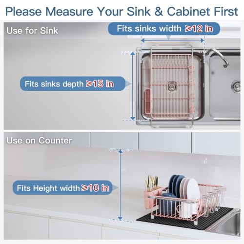 Pink Dish Drying Rack in Sink with Mat (Pink / For 12"-30"w Sink, with Mat)