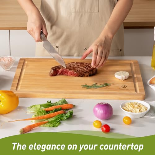 Extra Large Charcuterie Bamboo Board Non Slip Feet Over Sink Wooden Cutting Chopping Board Butcher Block Nice Solid Thick Juice Groove Big Xl XXl xlarge Hardwood Kitchen Counter Organic Meat BBQ Kit (19.5"L x 14"W / Natural)