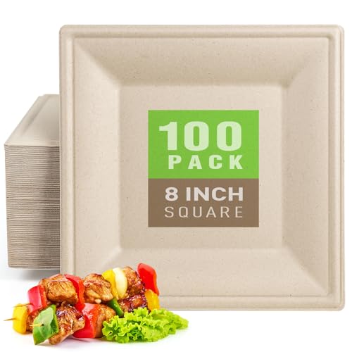 Compostable Square Paper Plates 8 Inch 100 Pack Disposable Plates (Brown / 8 inch)