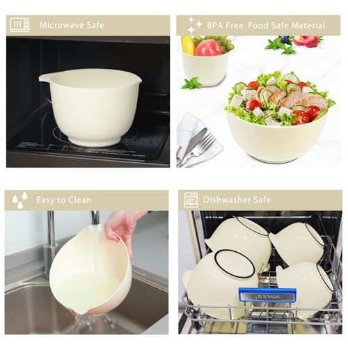 4.5 Quart Large Plastic Mixing Bowls set with Pour Spout (Beige)