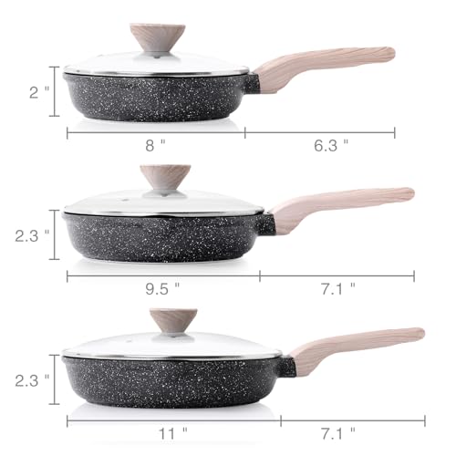Nonstick Frying Pan Skillet Set with Lid (Classic Granite / 8+9.5+11 Inch w/ Lid)
