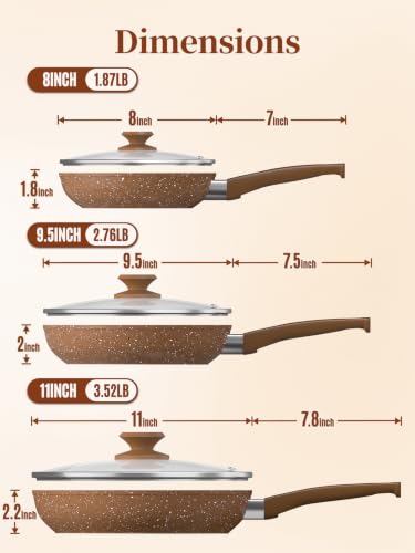 Nonstick Ceramic Frying Pans Skillets Set with Lid 8"+9.5"+11" (Gold)