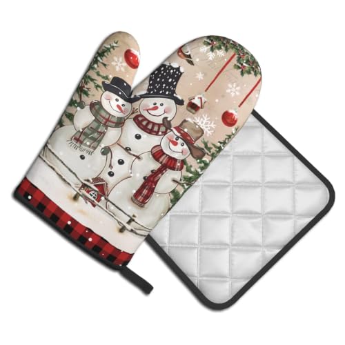 Winter Snowman Oven Mitts and Pot Holder 2Pcs Xmas Tree Kitchen Gloves Potholder Heat Resistant Hot Pad Baking Cooking Grilling Accessories (Winter Snowman Bell)