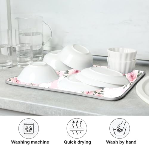 Floral Pink Roses Bouquets Dish Drying Mat for Kitchen Counter Absorbent Microfiber Drying Pad (16" x 18")