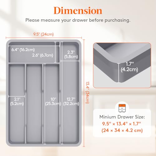 Silverware Drawer Organizer Tray (Gray / 9.5 x 13.4 inch (5 Slots))