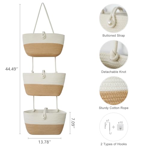3 Tier Hanging Baskets for Storage with Pearl Button Strap (White&Jute / 3 tier+Pearl Button)