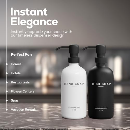 Luxury Glass Hand and Dish Soap Dispenser Set by Brighter Barns (Black White Hd)