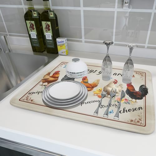Farmhouse Rooster Dish Drying Mat (Farmhouse Rooster-Brown / 24" x 18")