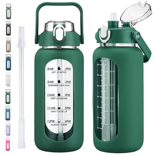 64oz Glass Water Bottles with Straw (Ink green / 64 Ounces)