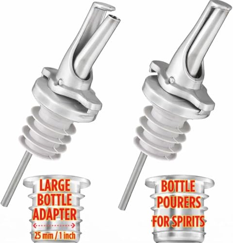 3-in-1 Airtight Liquor Bottle Pourers & Olive Oil Spouts with Built-in Caps (Silver 2pk + 2 Adapters)