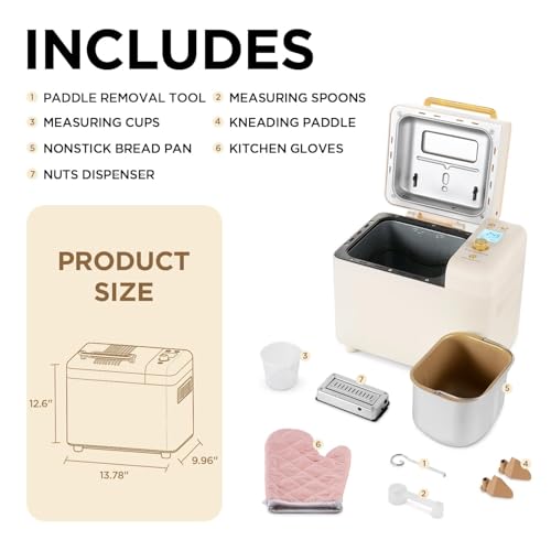 2.2LB 15-in-1 Bread Machine with Dual Heater and Auto Nut Dispenser (white)