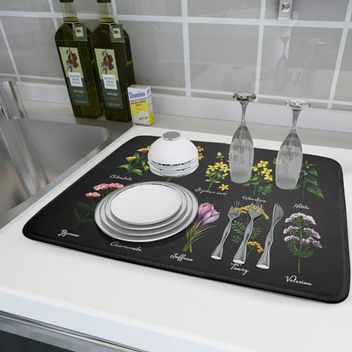 Black Flower Herbs Dish Drying Mat 18x24 Inch Botanical Floral Microfiber Drying Mats with Hanging Loop Foldable Absorbent Dish Drainer Rack Pad (Black Flower Herbs / 18" x 24")