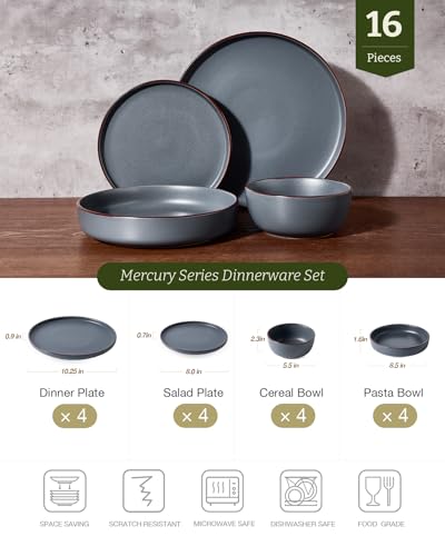 Mercury 16 Piece Dinnerware Set with Pasta Bowls (Charcoal / Service for 4 (Include Pasta Bowls))
