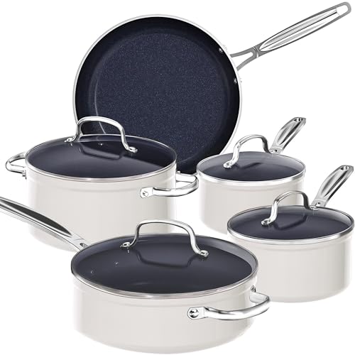 9pc Cookware Set Healthy Duralon Blue Ceramic Nonstick Coated (9 Piece Cookware Set / Vanilla Cream)