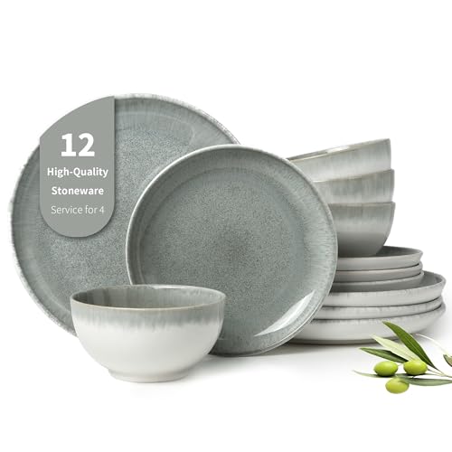 Stoneware Dinnerware Sets for 4 (Gradient Green / Set (12pcs))