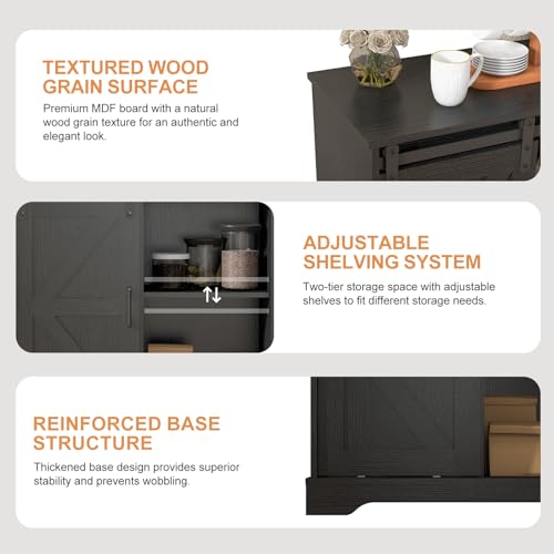 Sliding Barn Door Buffet Sideboard Storage Cabinet Coffee Bar Kitchen Farmhouse Style (Black)