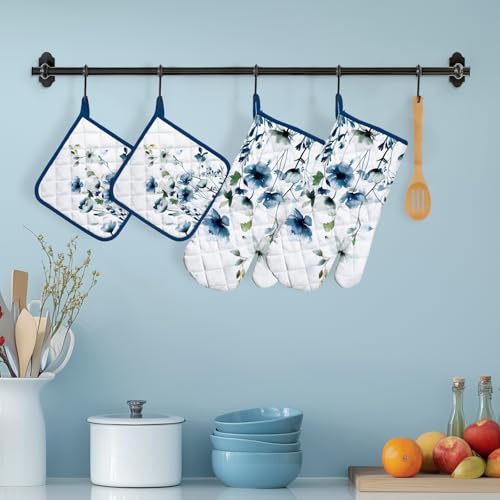 Blue Watercolor Flower Oven Mitts and Pot Holder Set (Blue Watercolor Flower / Oven Mitt x2 & Pot Holder x2)