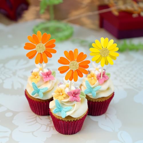 24Pcs Orange Daisy Cupcake Toppers Flower Cake Toppers Daisy Cake Decorations Chrysanthemum Cupcake Toppers Spring Daisy Flower Cake Picks for Birthday Wedding Supplies (24 Count)