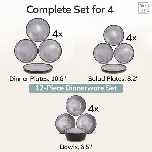 12 Piece Stoneware Dinnerware Set for 4 (Dark / Dark Gray / Set for 4 (12pcs))