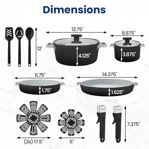 14 Piece Ceramic Cookware Set with Removable Handles (Black)